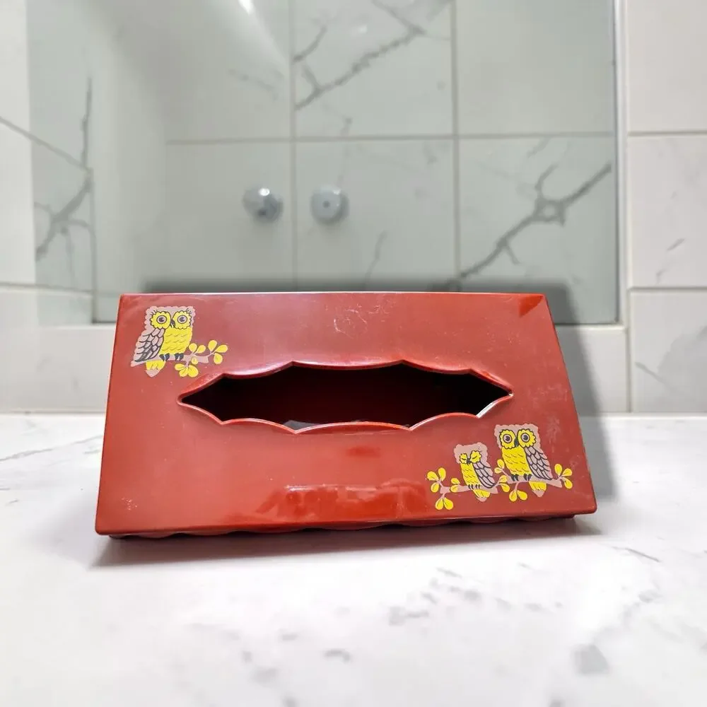 Vintage 1970s Wolff Products Owl Tissue Box Cover Burnt Orange Plastic Hinged
